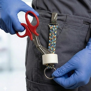 Op de afbeelding: Rood-handige medische schaar met een zilveren lemmet, vastgehouden door een persoon met blauwe handschoenen. De schaar is bevestigd aan een kleurrijk koord met een metalen clip en een ring. Een rol witte tape is aan de schaar bevestigd.