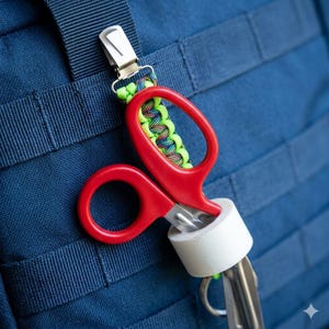 May include: A red scissors-shaped keychain with a white cylindrical key holder and a green, blue, and brown braided lanyard. The keychain is attached to a silver metal clip, hanging against a blue fabric background.
