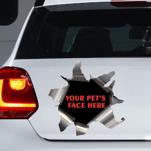 K&ouml;nnte beinhalten: Ein silberner Autoaufkleber mit einem zerrissenen Metalleffekt, der einen schwarzen Bereich mit dem roten Text "YOUR PET'S FACE HERE" freilegt. Der Aufkleber ist auf der R&uuml;ckseite eines wei&szlig;en Autos in der N&auml;he des R&uuml;cklichts angebracht.