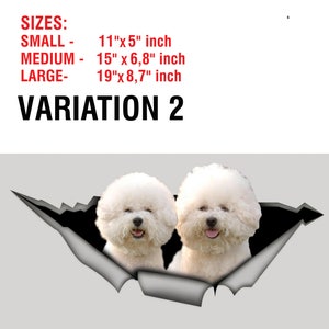 May include: A graphic featuring two white Bichon Frise dogs peeking through a torn gray surface. Text at the top reads "SIZES: SMALL - 11"x5" inch, MEDIUM - 15" x 6,8" inch, LARGE- 19"x 8,7" inch" and "VARIATION 2".