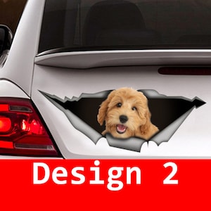 May include: A white car with a decal of a brown and white dog peeking out of a ripped hole in the back window. The decal says "Design 2".
