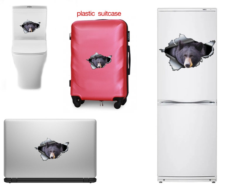 May include: A black bear peeking out of a torn hole on a variety of surfaces, including a toilet, a red suitcase, a laptop, and a white refrigerator.  The bear's face is visible, and the background is white.