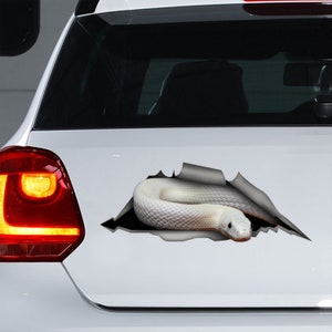 May include: A white snake graphic sticker applied to the rear of a white car. The sticker is designed to look like a snake is emerging from a tear in the car's surface. The snake has a textured pattern.