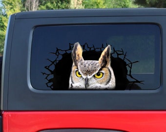 Horned Owl 3D pegatina, calcomanía de ventana agrietada, calcomanía de búho con cuernos