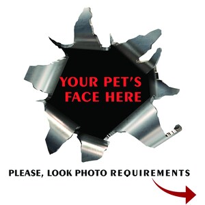 K&ouml;nnte beinhalten: Grafikdesign mit zerrissenem Metalleffekt und schwarzem Zentrum. Der Text "YOUR PET'S FACE HERE" ist rot, darunter steht "PLEASE, LOOK PHOTO REQUIREMENTS". Ein roter Pfeil zeigt nach rechts.