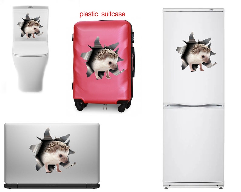 May include: A set of stickers with a hedgehog design, applied to a toilet, a red suitcase, a fridge, and a laptop. Each sticker depicts a hedgehog seemingly breaking through a torn hole in the surface.