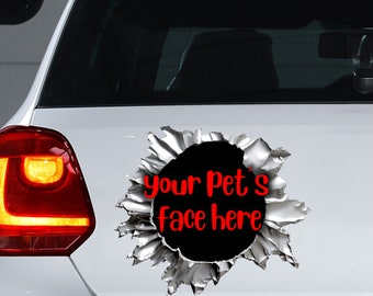 May include: A silver car with a black and silver sticker on the back. The sticker is a hole in a piece of metal with the words "your pet's face here" in red text.