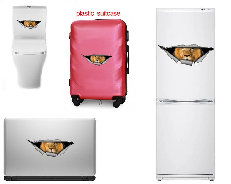 May include: A lion's head peeking out of a torn hole in a variety of surfaces, including a toilet, a red suitcase, a laptop, and a refrigerator. The lion's head is brown and has a white mane.
