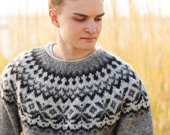 GRAY Icelandic sweater, Icelandic sweater hand knitted men's wool sweater handmade wool jumper sweater Icelandic wool drops design