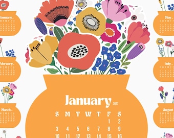 2027 Printable Floral Vase Desk Monthly Calendar, Vibrant Orange Flower Bouquet, Warm Orange Desktop Bloom Set PNG PDF SVG