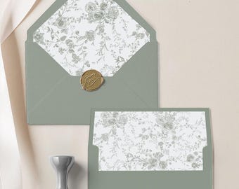 Sage Green Floral Envelope Liner Template, Vintage Toile Wedding Invitation Liner, DIY Euro Flap Square Flap A7
