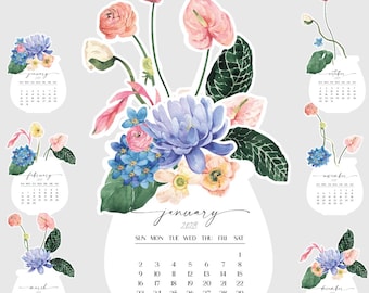 Watercolor Tropical Jar Desk Calendar Monthly Card Printable DIY, Anthurium Water Lily Monthly Cards Calendar Printable 2027 2028