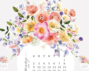 Bright Bouquet Floral Vase Desk Calendar Monthly Planner Printable 2027 2028, Colorful Flowrs DIY Desk Calendar Decor Accessories