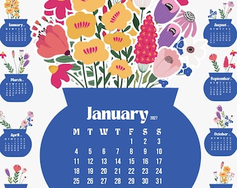 2027 - 2028 Floral Vase Desk Calendar Cut File PNG PDF SVG, Printable Flower Bouquet Monthly Template, Blue Desktop Bloom Craft Planner