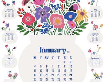 Colorful Abstract Flowers Vase Desk Calendar 2027 2028 Printable SVG PNG PDF, Bouquet Calendar Monthly Cards, Office Decor Stationery Set