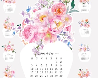 Watercolor Pink Flowers Vase Desk Calendar Digital Download, Romantic Floral Monthly Cards Printable 2027 2028, Digital Download
