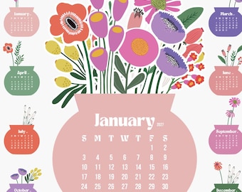 Colorful Botanical Floral Vase Desk Calendar 2027 2028, Planner Monthly Printable, Abstract Flower Bouquet Blank Cards, DIY Paper Craft