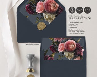 Vintage Floral Envelope Liner Template, Printable Dark Moody Flower Envelope Liners, Editable DIY Wedding Invitation Liner A7 A6 A2 C5