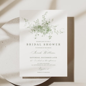 Faire-part de douche nuptiale minimaliste, modèle d'invitation de brunch de douche nuptiale floral vert, invitation de douche nuptiale de verdure B063