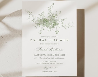 Green Floral Bridal Shower Invitation Template: Minimalist Brunch Invite (Digital Download, 5x7 inches) B063