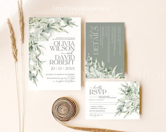 Sage Green Wedding Invitation Suite Template, Minimal Wedding Template, Greenery Wedding Set, Editable Greenery Wedding Invitation #319B