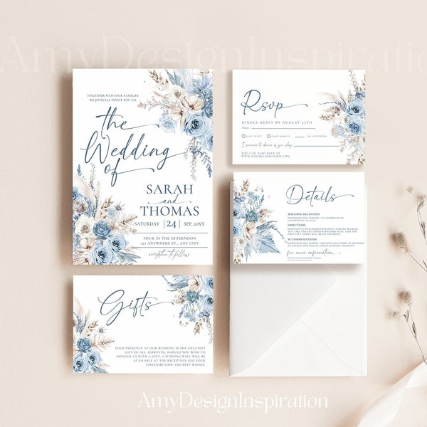 Blue Wedding Invitation Suite Template, Dusty Blue Floral Wedding Invite Set Template, Botanical Wedding Invites Editable Download #220