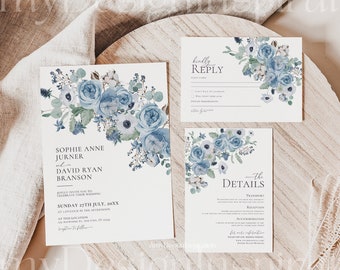 Blue Wedding Invitation Suite Template, Dusty Blue Wedding Invite Template, Editable Blue Wedding Invitation Template Download #493