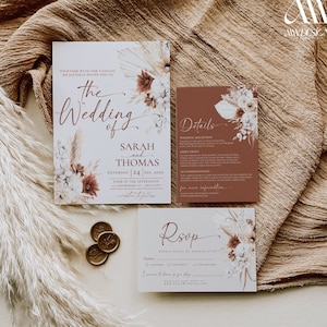 Boho Wedding Invitation Suite, Terracotta Wedding Invite Set Template, Editable Boho Rust Wedding Invite Pampas grass Bohemian Fall D021