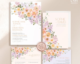 Floral Wedding Invitation Template Editable, Bright Floral Garden Wedding Invitation Set, Spring Wedding Invite Peach Purple Botanical E023