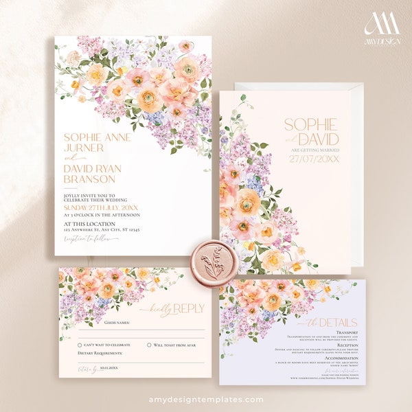 Plantilla de invitación de boda floral: Jardín melocotón y morado (descarga digital) E023