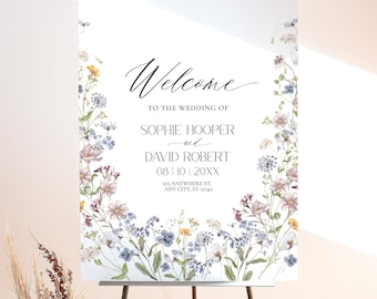 Wildblumen Hochzeit Willkommensschild, druckbares botanisches Willkommensschild, bearbeitbares modernes grünes Hochzeitsschild, vertikales Hochzeitsschild D026