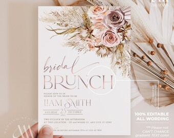 Pampas Bridal Shower Brunch Invitation Template, Boho Bridal Brunch Invite Template, Editable Pink Bohemian Brunch Invitation, Corjl A006