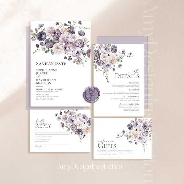 Purple Wedding Invitation Suite Template, Botanical Wedding Invitation Set, Poppy Floral Violet Wedding Invite Set, Editable Download #437