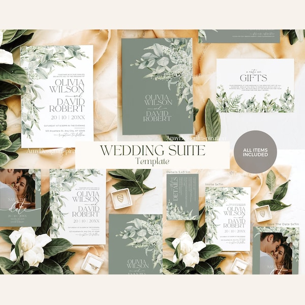 Sage Green Wedding Invitation Suite Template, Minimalist Wedding Invite, Greenery Wedding Set, Editable Template Download #319