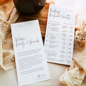 Modelo de cartão de eventos de casamento minimalista, modelo de itinerário de casamento, nota de bolsa de boas-vindas de casamento, modelo editável de cronograma de casamento
