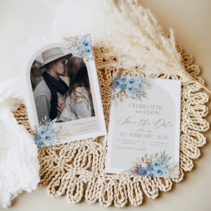 Modelo de cartão Boho Dusty Blue Save The Date, Boho Save The Date Evite, Cartões de casamento florais azuis para impressão Pampas D017