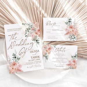 Floral Wedding Invitation Suite Template, Blush Pink Wedding Invitation Set, Dusty Roses Eucalyptus Wedding Invite Editable Download #212