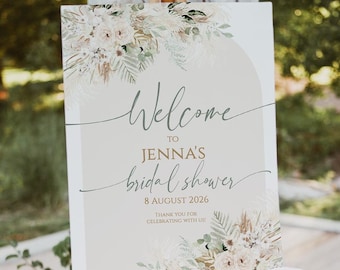 Boho Pampas Grass Bridal Shower Welcome Sign Template, Neutral Floral Arch Bridal Party Poster, Editable Board, Rustic Greenery Sign