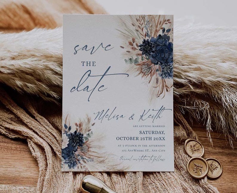 Navy Rust Wedding Save The Date Template with Photo, Boho Save The Date Cards Printable Download E017