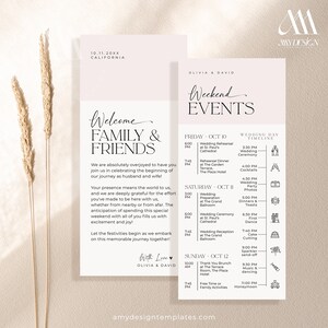 Wedding Welcome Bags, Weekend Events Timeline Schedule, Wedding Itinerary Template, Modern Minimalist Wedding Weekend Itinerary Template