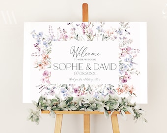 Wildflower Wedding Welcome Sign, Printable Botanical Welcome Sign Editable Prairie Wild Flowers wedding signage template D020