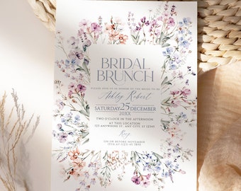 Plantilla de invitación para brunch nupcial con flores silvestres: invitación floral editable (descarga digital)