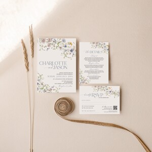 Wildflower Wedding Suite, Wedding Invite Set RSVP Card Template, Printable Wedding Save the Date, Wildflower Invitation D006