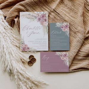 Mauve Greenery Boho Dusty Rose Wedding Invitation Set: Pampas Grass (Printable Download) E009 image 7