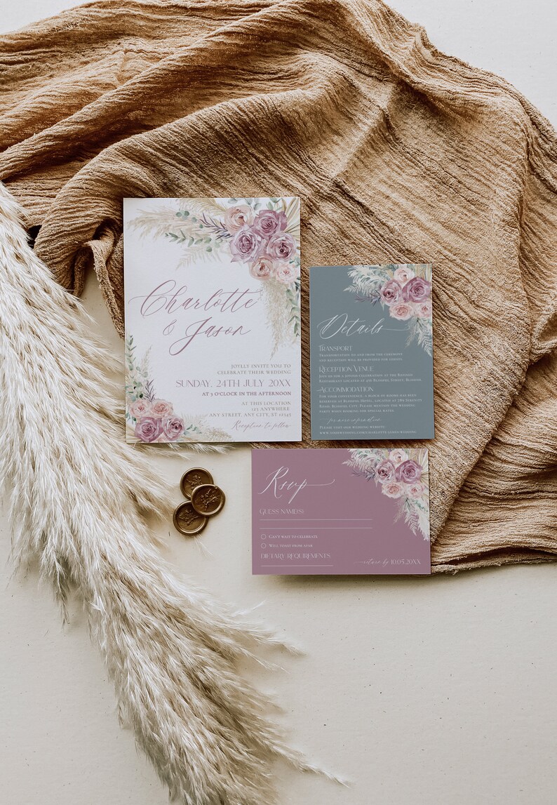 Mauve Greenery Boho Dusty Rose Wedding Invitation Set: Pampas Grass (Printable Download) E009 image 7
