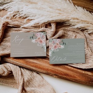 May include: Two gray RSVP cards with floral designs. The card on the left has a section for guest name, RSVP options, and dietary requirements. The card on the right has the word "Details" in cursive and information about the reception and accommodation.
