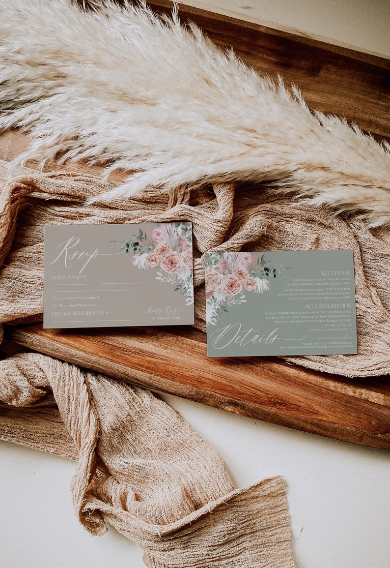May include: Two gray RSVP cards with floral designs. The card on the left has a section for guest name, RSVP options, and dietary requirements. The card on the right has the word "Details" in cursive and information about the reception and accommodation.