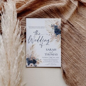Boho Navy Wedding Invitation Template, Bohemian Wedding Invitations Card, Navy Blue Boho Wedding Template QR Code E108