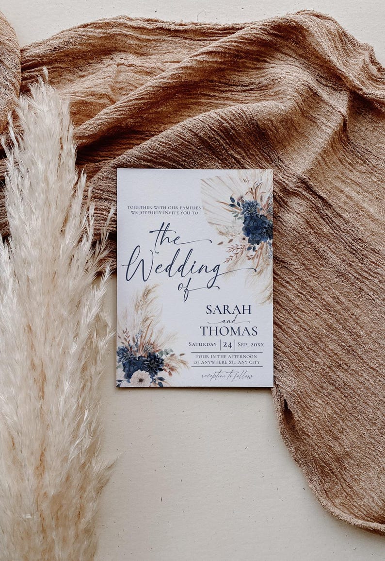 Boho Navy Wedding Invitation Template, Bohemian Wedding Invitations Card, Navy Blue Boho Wedding Template QR Code E108