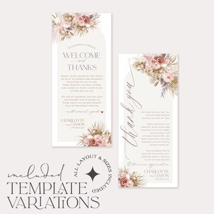 May include: A wedding welcome and thank you sign template with a floral design featuring dried pampas grass, blush pink flowers, and greenery. The text reads "Welcome and Thanks" and "Thank You".